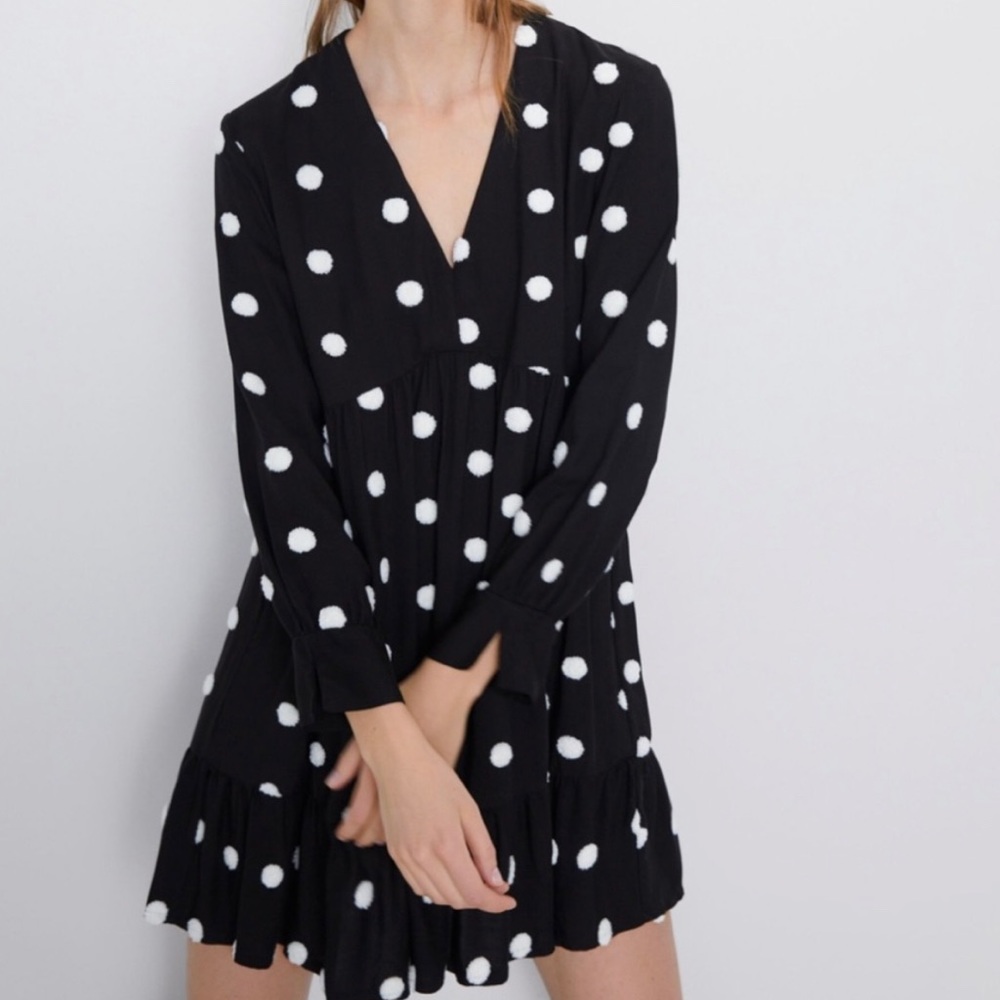 Zara Embroidered Black with White Textured Polka Dot Dress - Size Small
